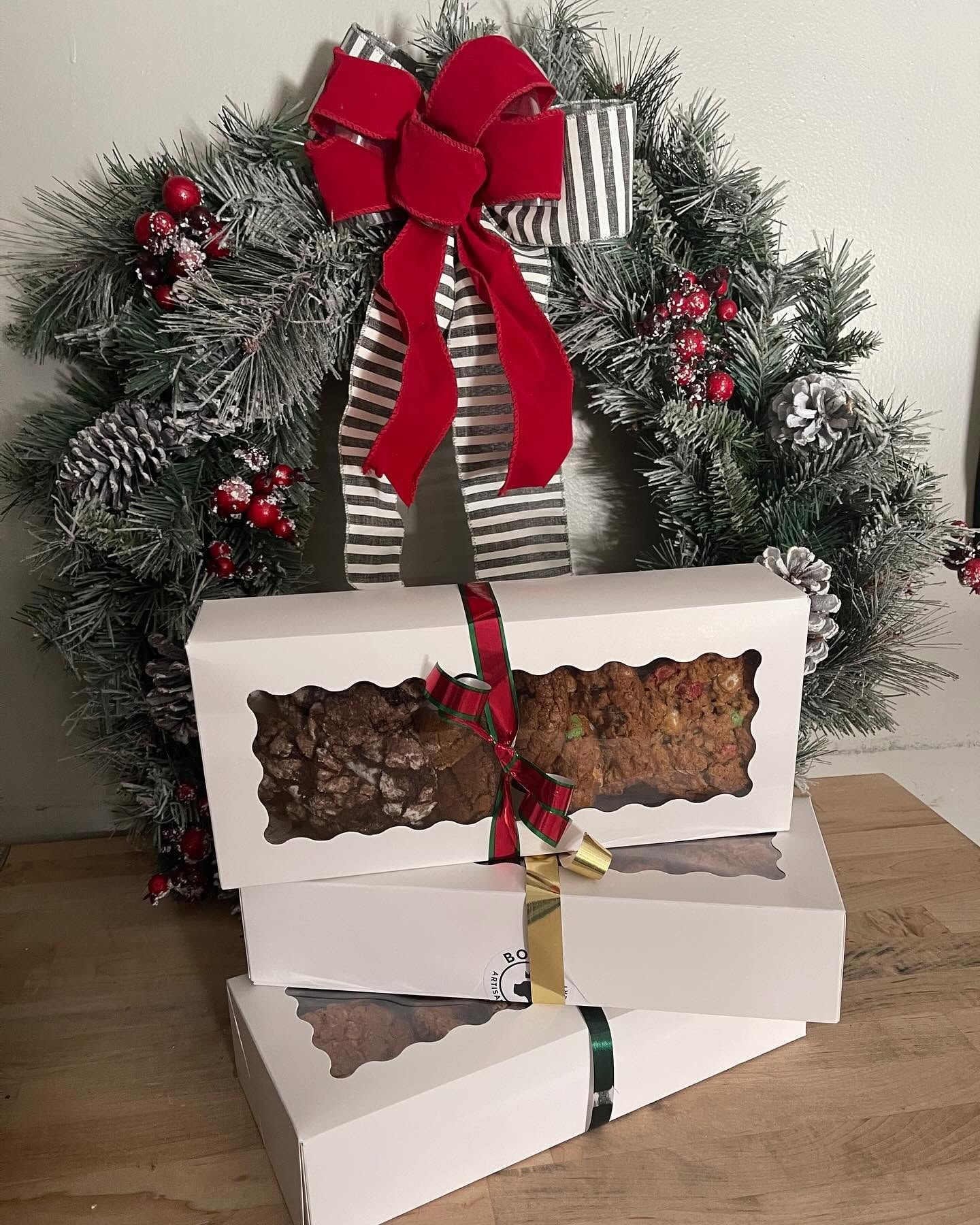 Holiday brownie gift boxes with wreath at the market